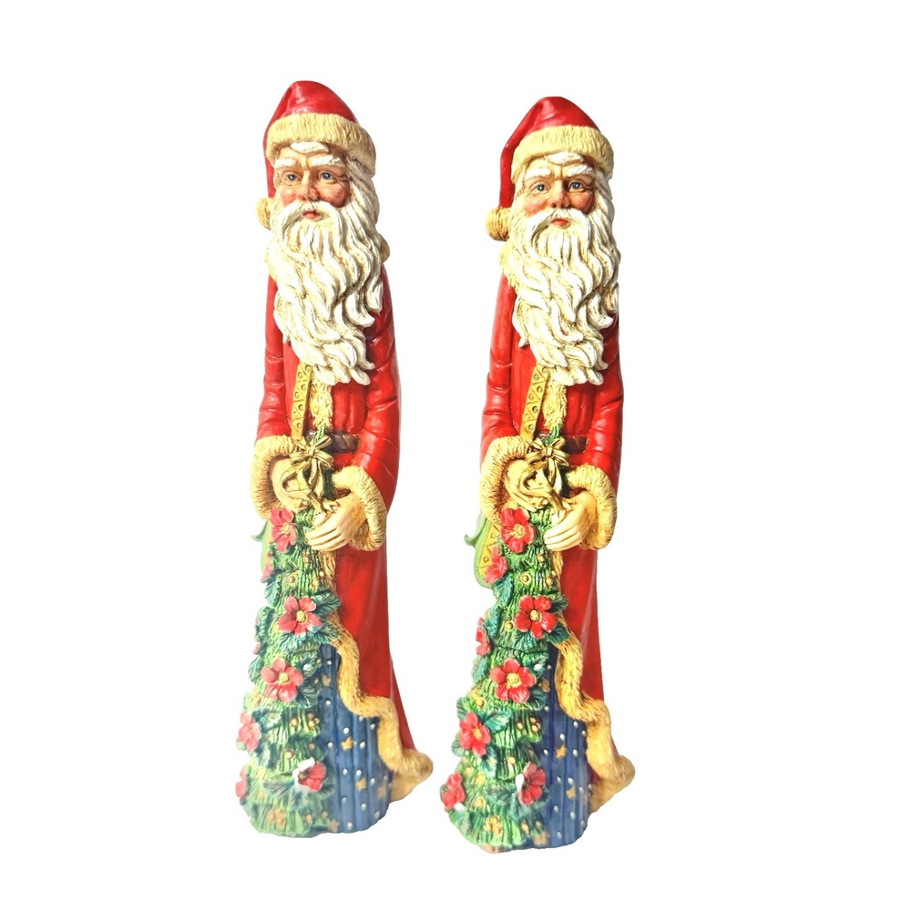 Woodcarvers Santa Figurines Pair Christmas Holiday Decor Red Green